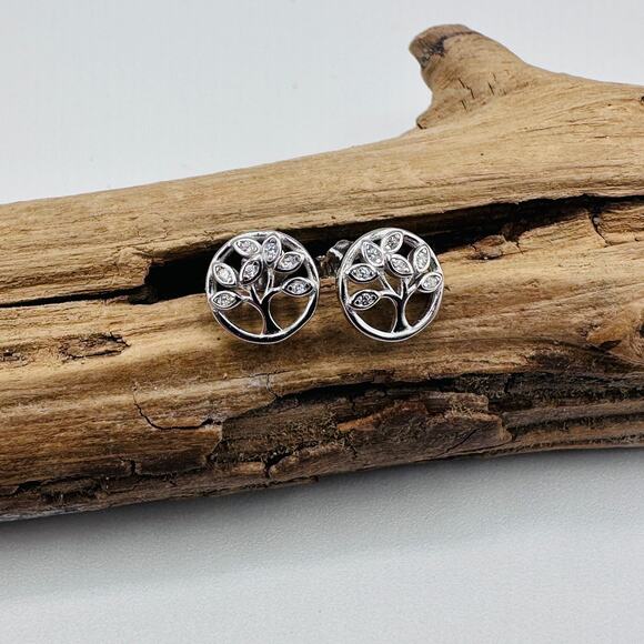 Tree Of Life Sterling Silver CZ Stud Earrings - Picture 2 of 5